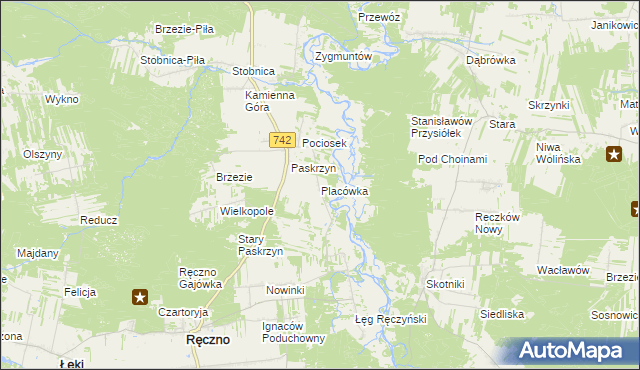 mapa Placówka gmina Ręczno, Placówka gmina Ręczno na mapie Targeo