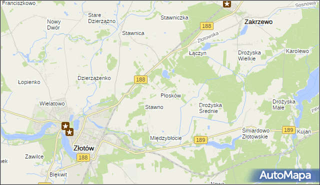 mapa Płosków gmina Złotów, Płosków gmina Złotów na mapie Targeo