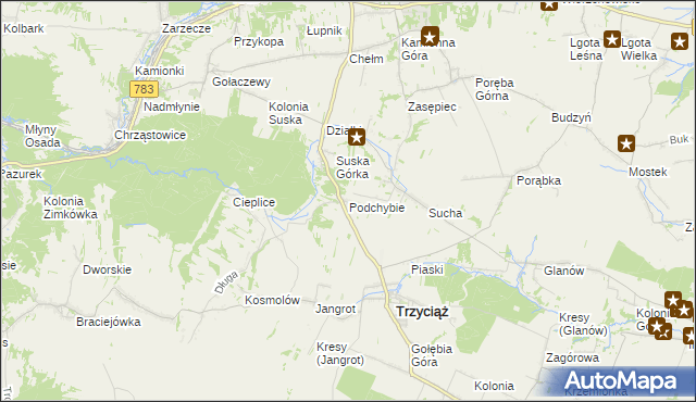 mapa Podchybie gmina Trzyciąż, Podchybie gmina Trzyciąż na mapie Targeo