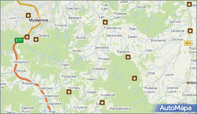 mapa Poręba gmina Myślenice, Poręba gmina Myślenice na mapie Targeo