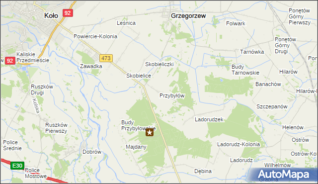 mapa Przybyłów gmina Koło, Przybyłów gmina Koło na mapie Targeo