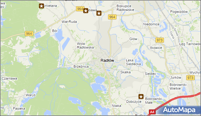 mapa Radłów powiat tarnowski, Radłów powiat tarnowski na mapie Targeo