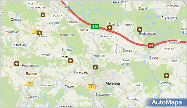 mapa Regulice gmina Alwernia, Regulice gmina Alwernia na mapie Targeo