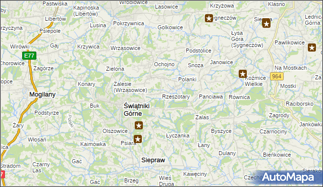 mapa Rzeszotary gmina Świątniki Górne, Rzeszotary gmina Świątniki Górne na mapie Targeo