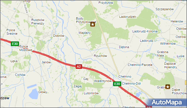mapa Rzuchów gmina Dąbie, Rzuchów gmina Dąbie na mapie Targeo