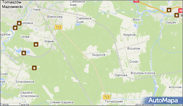 mapa Sługocice gmina Tomaszów Mazowiecki, Sługocice gmina Tomaszów Mazowiecki na mapie Targeo