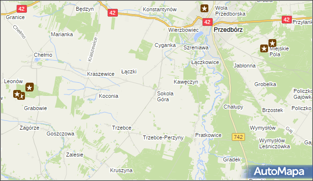mapa Sokola Góra gmina Wielgomłyny, Sokola Góra gmina Wielgomłyny na mapie Targeo