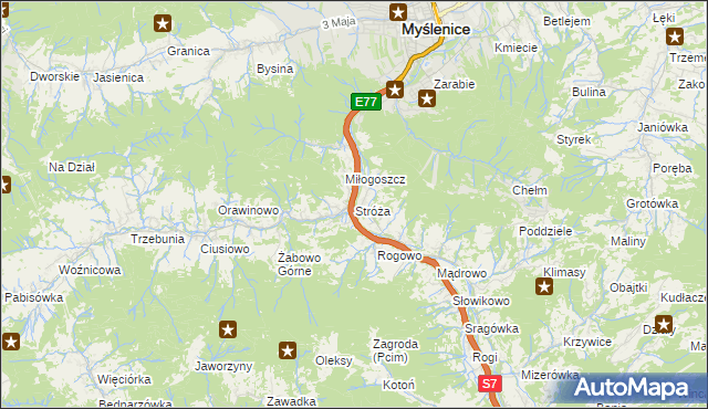 mapa Stróża gmina Pcim, Stróża gmina Pcim na mapie Targeo