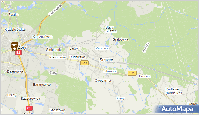mapa Suszec powiat pszczyński, Suszec powiat pszczyński na mapie Targeo