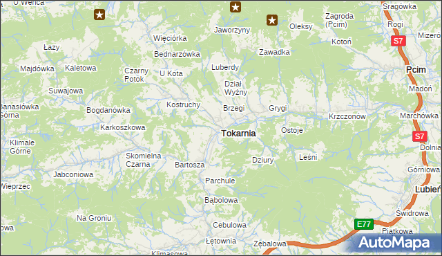 mapa Tokarnia powiat myślenicki, Tokarnia powiat myślenicki na mapie Targeo