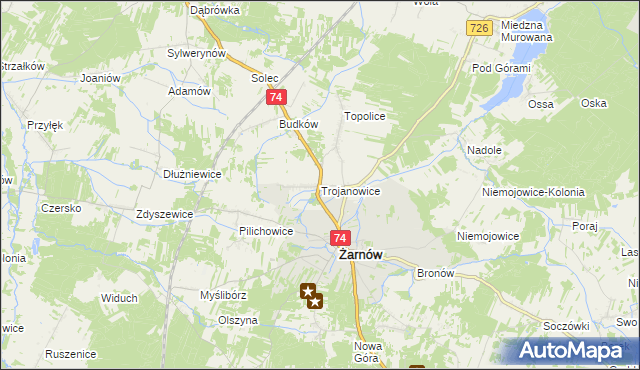 mapa Trojanowice gmina Żarnów, Trojanowice gmina Żarnów na mapie Targeo
