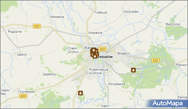 mapa Trzebiatów powiat gryficki, Trzebiatów powiat gryficki na mapie Targeo