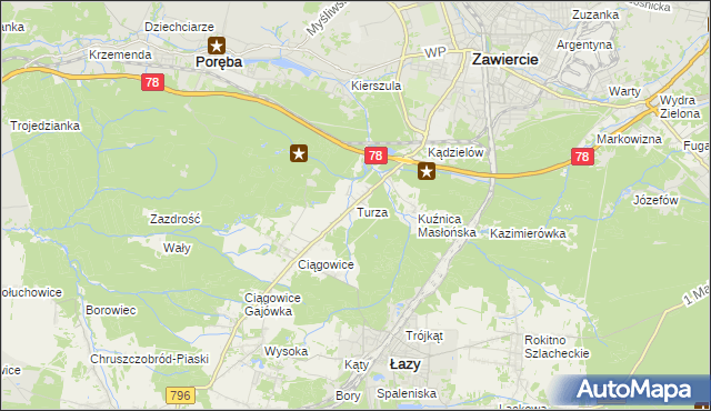 mapa Turza gmina Łazy, Turza gmina Łazy na mapie Targeo