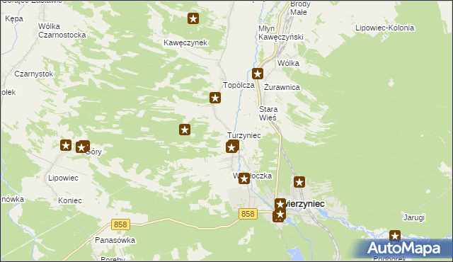 mapa Turzyniec gmina Zwierzyniec, Turzyniec gmina Zwierzyniec na mapie Targeo