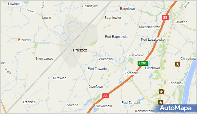 mapa Wałdowo gmina Pruszcz, Wałdowo gmina Pruszcz na mapie Targeo