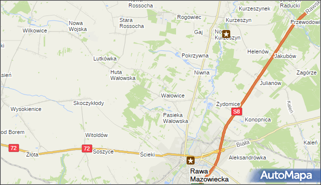 mapa Wałowice gmina Rawa Mazowiecka, Wałowice gmina Rawa Mazowiecka na mapie Targeo