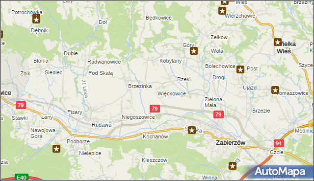 mapa Więckowice gmina Zabierzów, Więckowice gmina Zabierzów na mapie Targeo