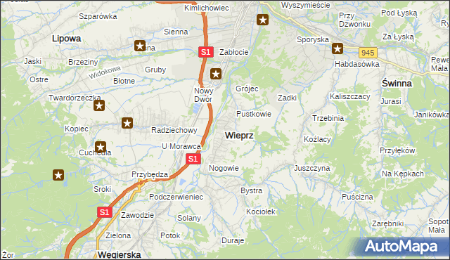 mapa Wieprz gmina Radziechowy-Wieprz, Wieprz gmina Radziechowy-Wieprz na mapie Targeo