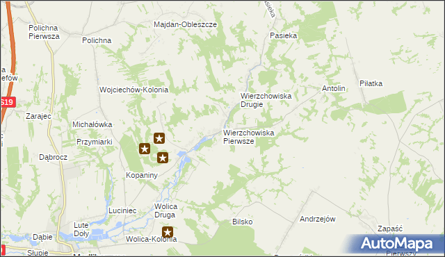mapa Wierzchowiska Pierwsze gmina Modliborzyce, Wierzchowiska Pierwsze gmina Modliborzyce na mapie Targeo
