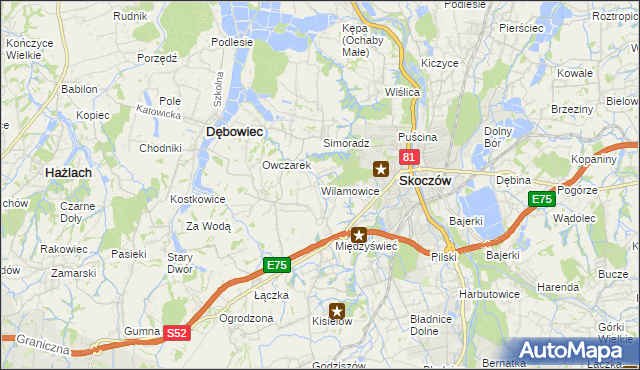 mapa Wilamowice gmina Skoczów, Wilamowice gmina Skoczów na mapie Targeo