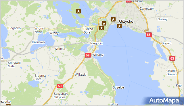 mapa Wilkasy gmina Giżycko, Wilkasy gmina Giżycko na mapie Targeo