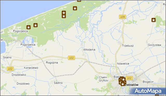 mapa Włodarka gmina Trzebiatów, Włodarka gmina Trzebiatów na mapie Targeo