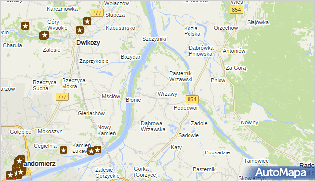 mapa Wrzawy gmina Gorzyce, Wrzawy gmina Gorzyce na mapie Targeo