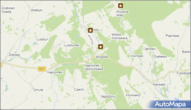 mapa Wygoda gmina Ostróda, Wygoda gmina Ostróda na mapie Targeo