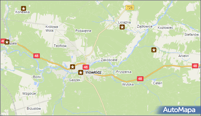 mapa Zakościele gmina Inowłódz, Zakościele gmina Inowłódz na mapie Targeo
