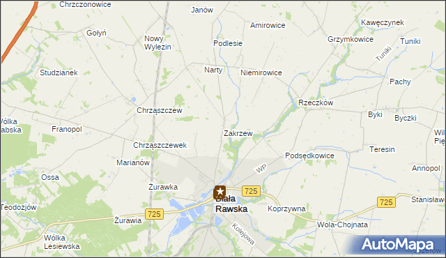 mapa Zakrzew gmina Biała Rawska, Zakrzew gmina Biała Rawska na mapie Targeo