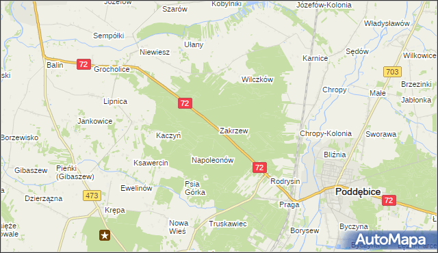 mapa Zakrzew gmina Poddębice, Zakrzew gmina Poddębice na mapie Targeo