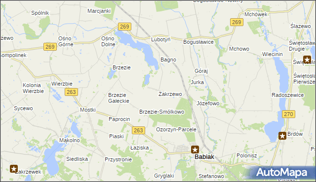 mapa Zakrzewo gmina Babiak, Zakrzewo gmina Babiak na mapie Targeo