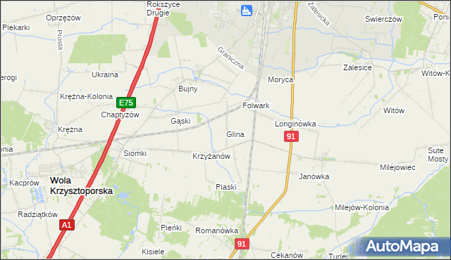 mapa Glina gmina Wola Krzysztoporska, Glina gmina Wola Krzysztoporska na mapie Targeo