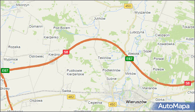 mapa Teklinów gmina Wieruszów, Teklinów gmina Wieruszów na mapie Targeo