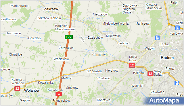 mapa Cerekiew gmina Zakrzew, Cerekiew gmina Zakrzew na mapie Targeo