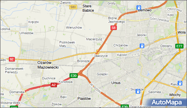 mapa Jawczyce gmina Ożarów Mazowiecki, Jawczyce gmina Ożarów Mazowiecki na mapie Targeo