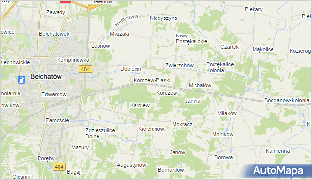 mapa Korczew gmina Bełchatów, Korczew gmina Bełchatów na mapie Targeo