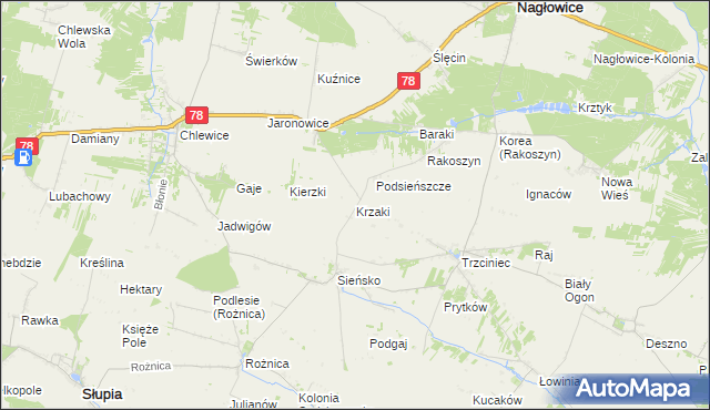 mapa Krzaki gmina Słupia, Krzaki gmina Słupia na mapie Targeo