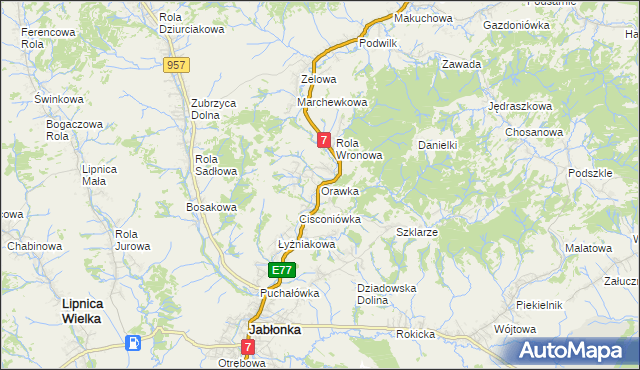 mapa Orawka gmina Jabłonka, Orawka gmina Jabłonka na mapie Targeo