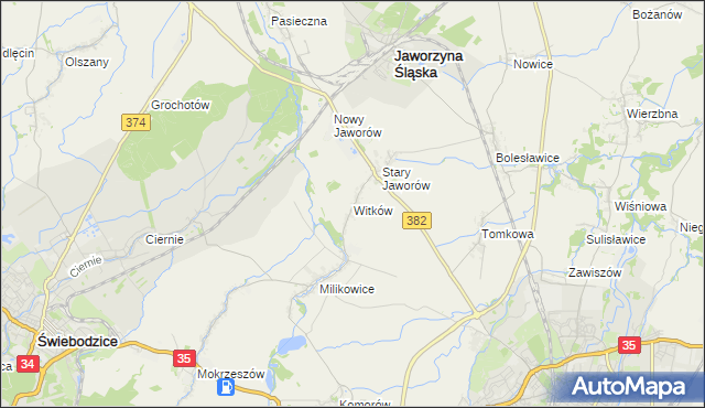 mapa Witków gmina Jaworzyna Śląska, Witków gmina Jaworzyna Śląska na mapie Targeo