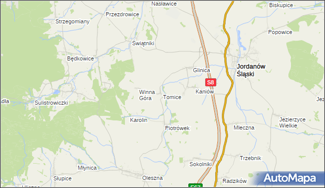 mapa Tomice gmina Jordanów Śląski, Tomice gmina Jordanów Śląski na mapie Targeo