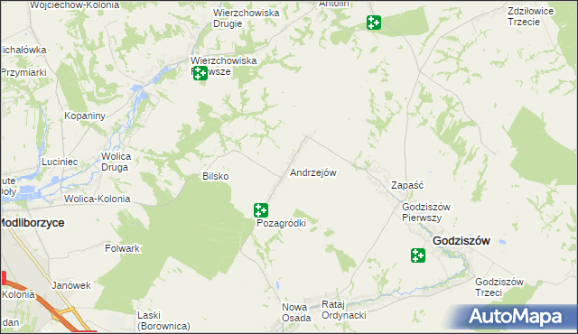 mapa Andrzejów gmina Godziszów, Andrzejów gmina Godziszów na mapie Targeo