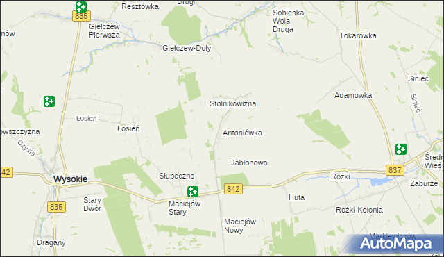 mapa Antoniówka gmina Wysokie, Antoniówka gmina Wysokie na mapie Targeo