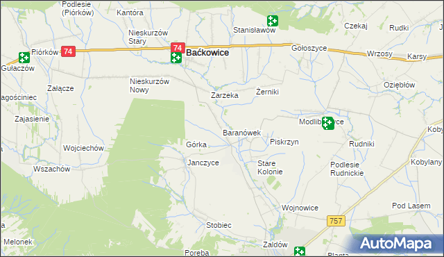 mapa Baranówek gmina Baćkowice, Baranówek gmina Baćkowice na mapie Targeo