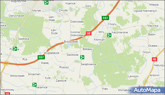 mapa Bielawy gmina Lututów, Bielawy gmina Lututów na mapie Targeo
