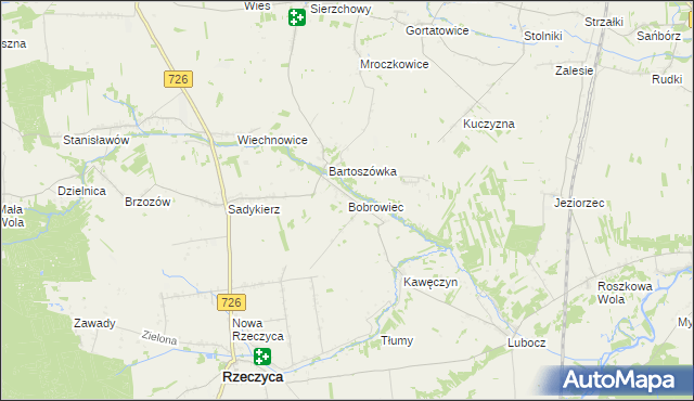 mapa Bobrowiec gmina Rzeczyca, Bobrowiec gmina Rzeczyca na mapie Targeo