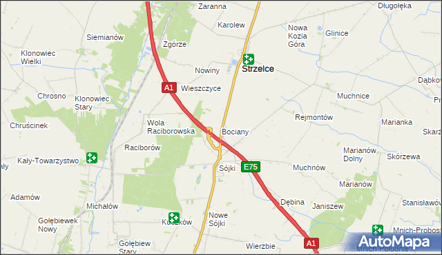 mapa Bociany gmina Strzelce, Bociany gmina Strzelce na mapie Targeo