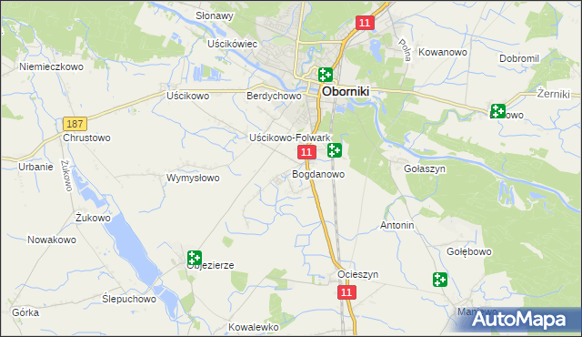 mapa Bogdanowo gmina Oborniki, Bogdanowo gmina Oborniki na mapie Targeo