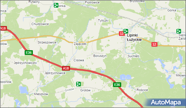 mapa Boruszyn gmina Lipinki Łużyckie, Boruszyn gmina Lipinki Łużyckie na mapie Targeo