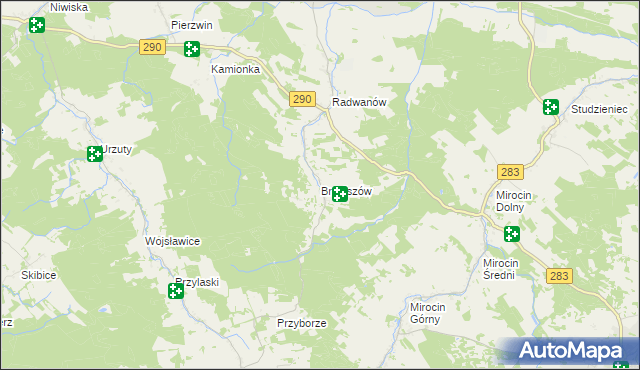 mapa Broniszów gmina Kożuchów, Broniszów gmina Kożuchów na mapie Targeo